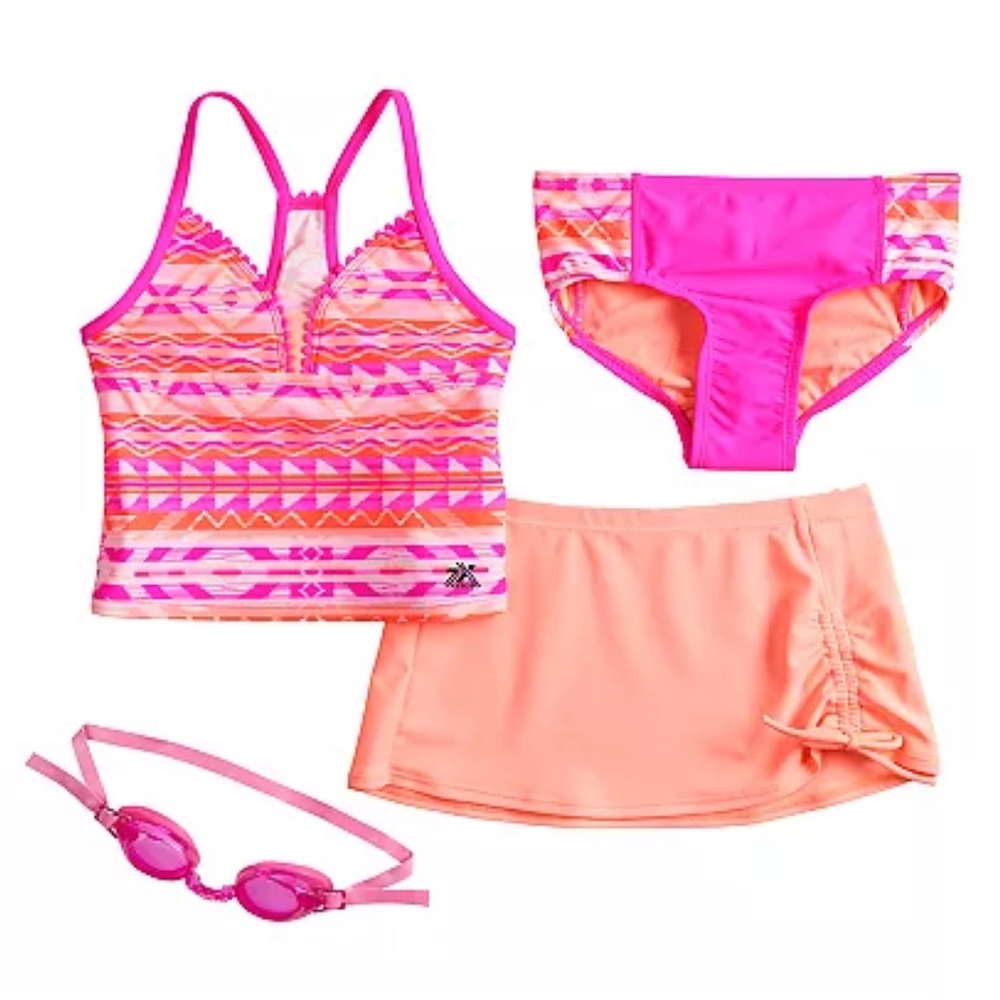 Girls ZeroXposur Afghan Print Tankini, Bottoms & Cover-Up Skirt Swimsuit Set